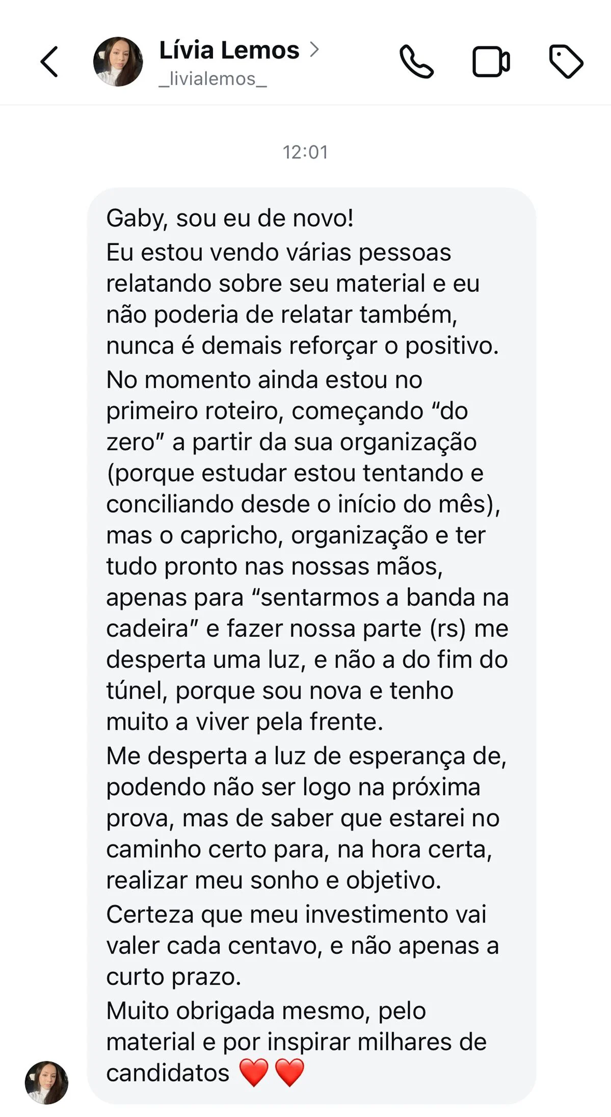 Depoimento de aluna sobre a preparação